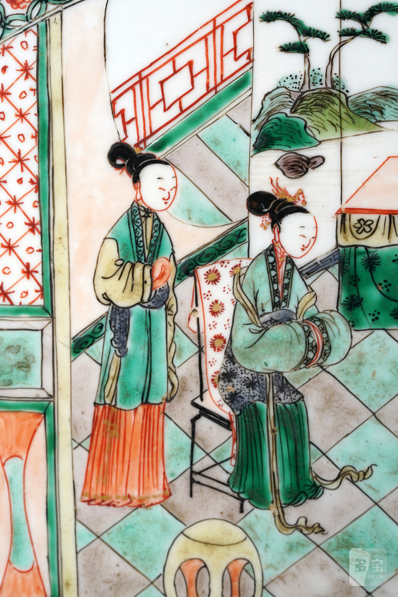 清康熙 五彩大家闺秀图瓷板插屏 - 图3